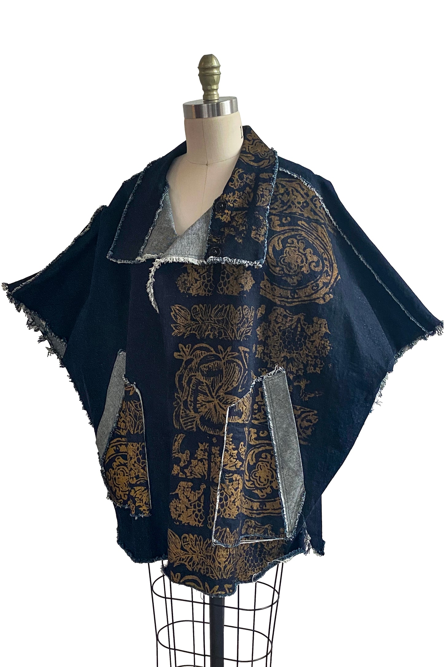 Wolf Cape in Denim w/ Tile Print - Denim Indigo & Gold - Medium