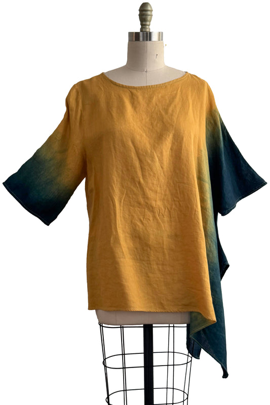 Asymmetrical Top | Linen | Ombre Dye | Teal & Goldenrod Yellow | Large