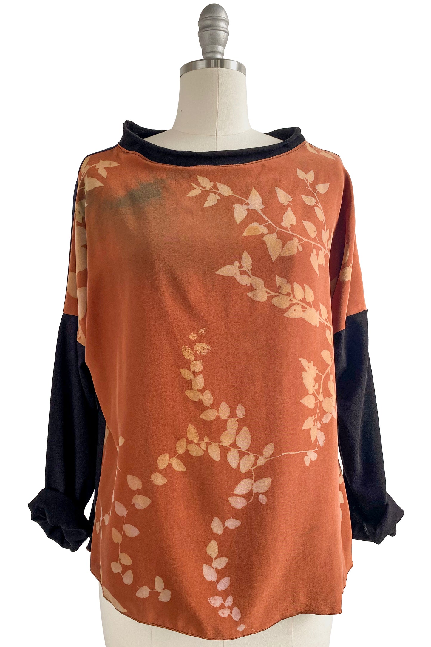 Portia Knit Top Long Sleeve w/ Silk Panels - Black & Orange