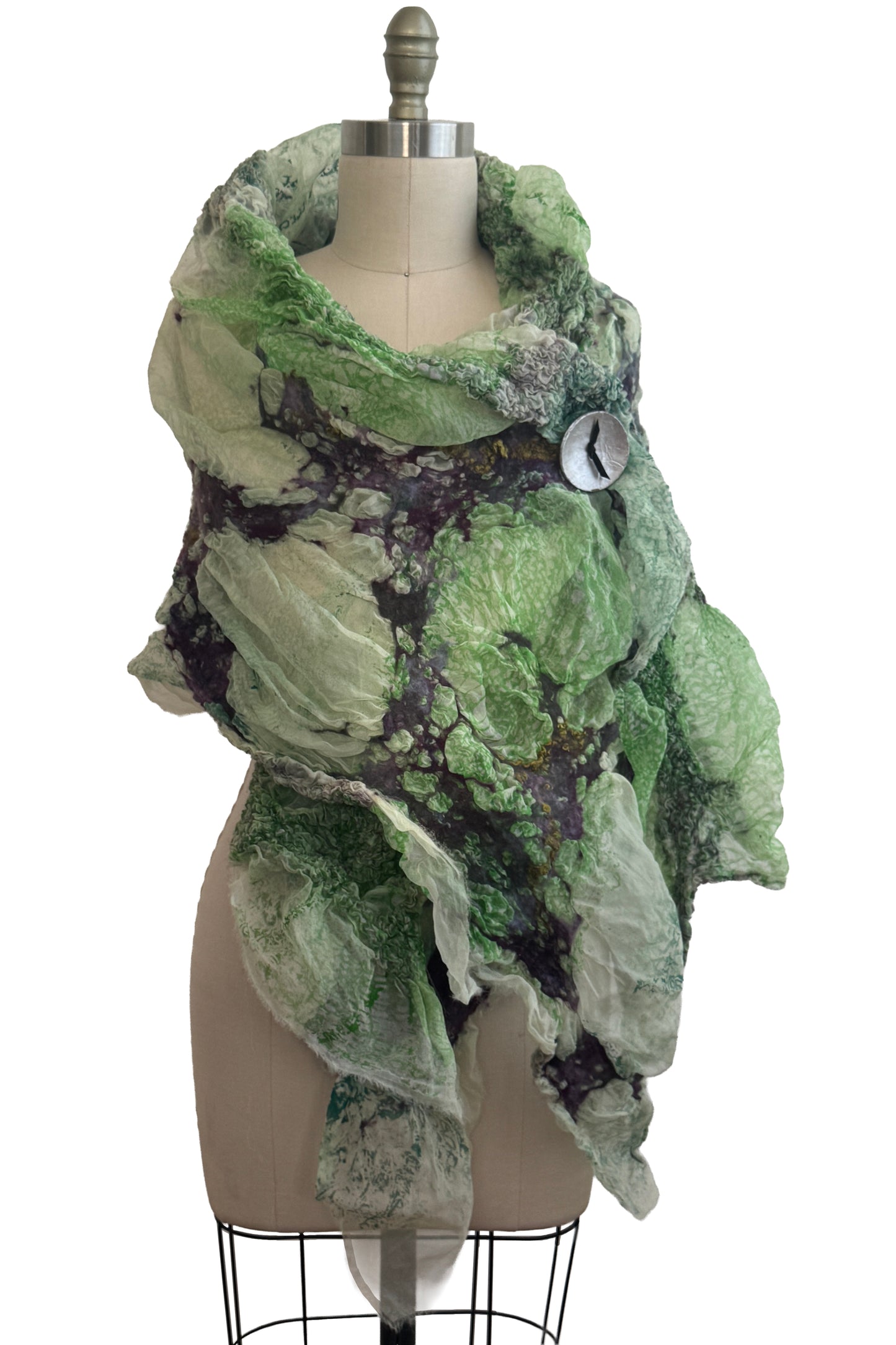 Felted Shawl | Silk Organza | Alligator Print | Light Green, Purple & Olive