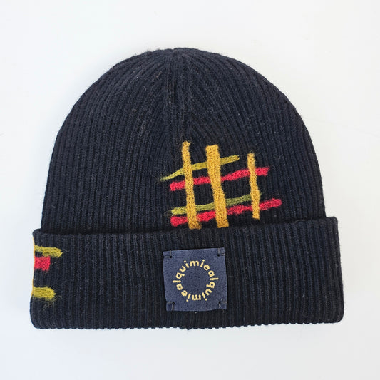 Cashmere Felted Beanie w/ Plaid - Black