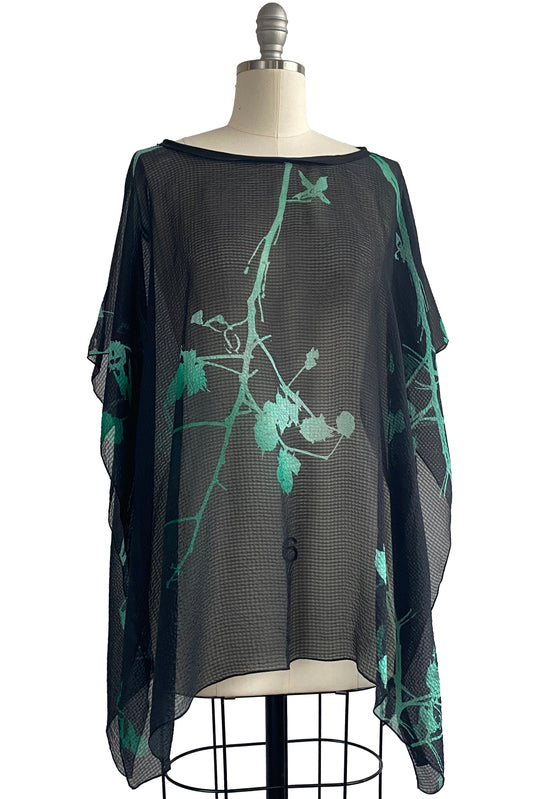 Poncho | Seersucker Silk | Cotton Print | Black & Green