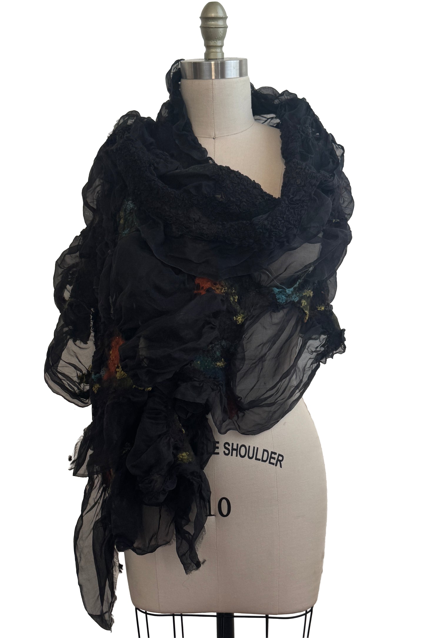 Felted Shawl | Silk Organza | Black, Rust, Turquoise & Gold