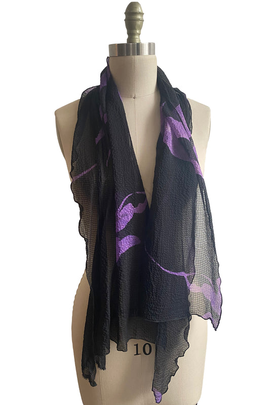 Scarf | Seersucker Silk | Tulip Print | Black & Purple