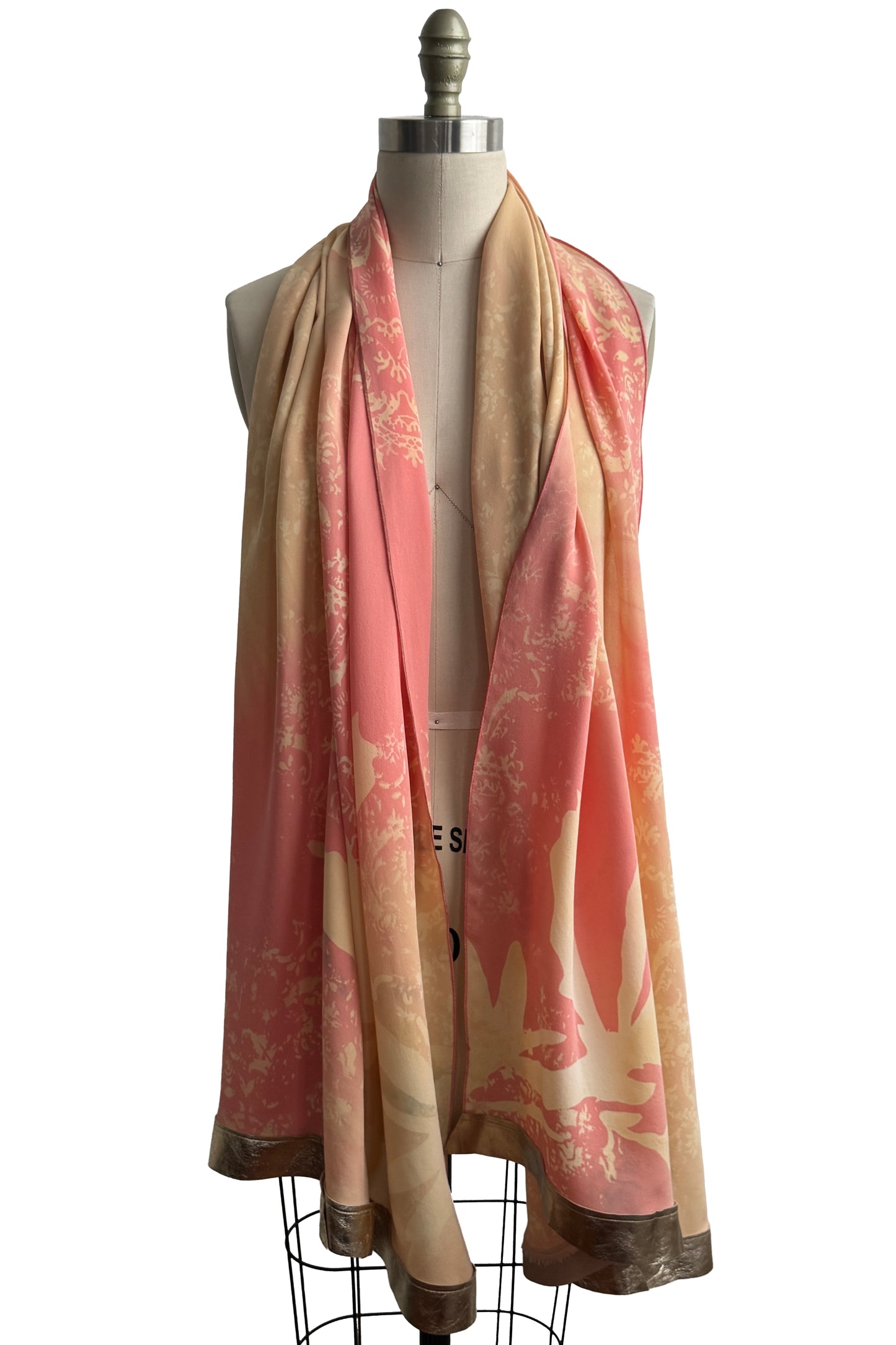 Shawl w/ Leather Trim | Silk Georgette | Wallpaper & Azalea Print | Coral, Yellow & Gold