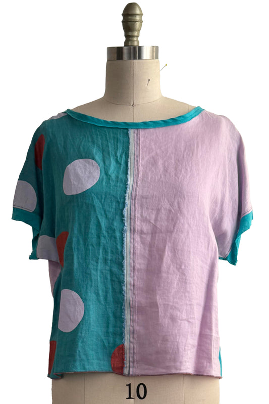 Jen Top | Pieced Linen | Itajimie Dye & Dot Print | Lavender & Turquoise | Medium