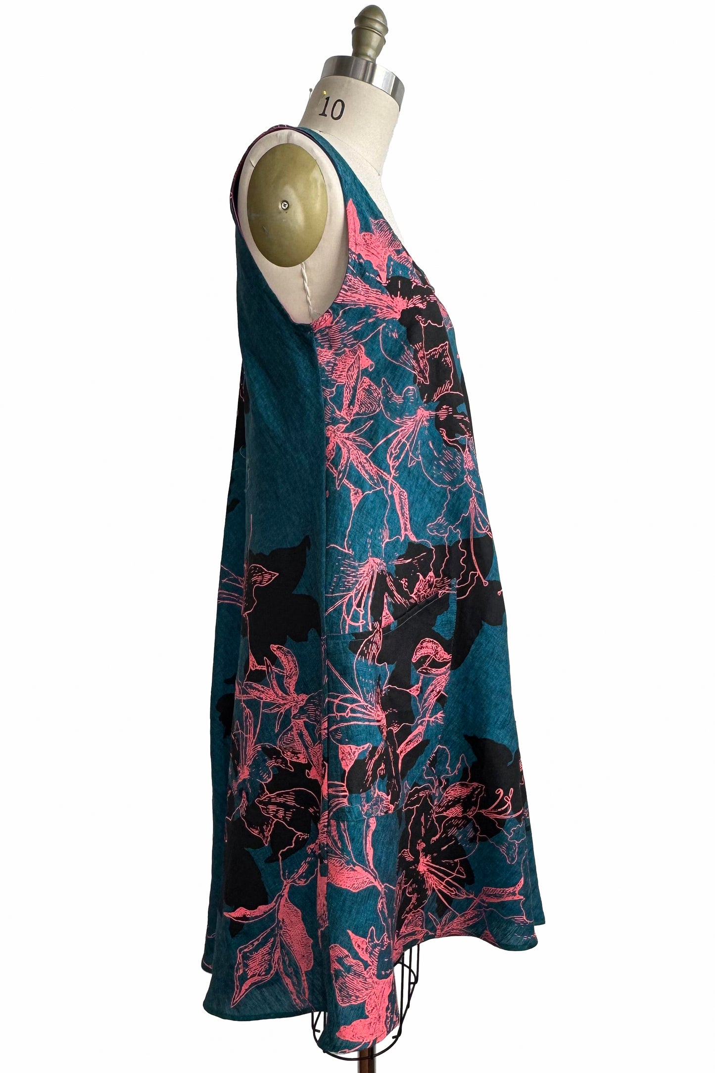 Emilia Dress - Linen - Azalea Print - Turquoise, Pink & Black - Small