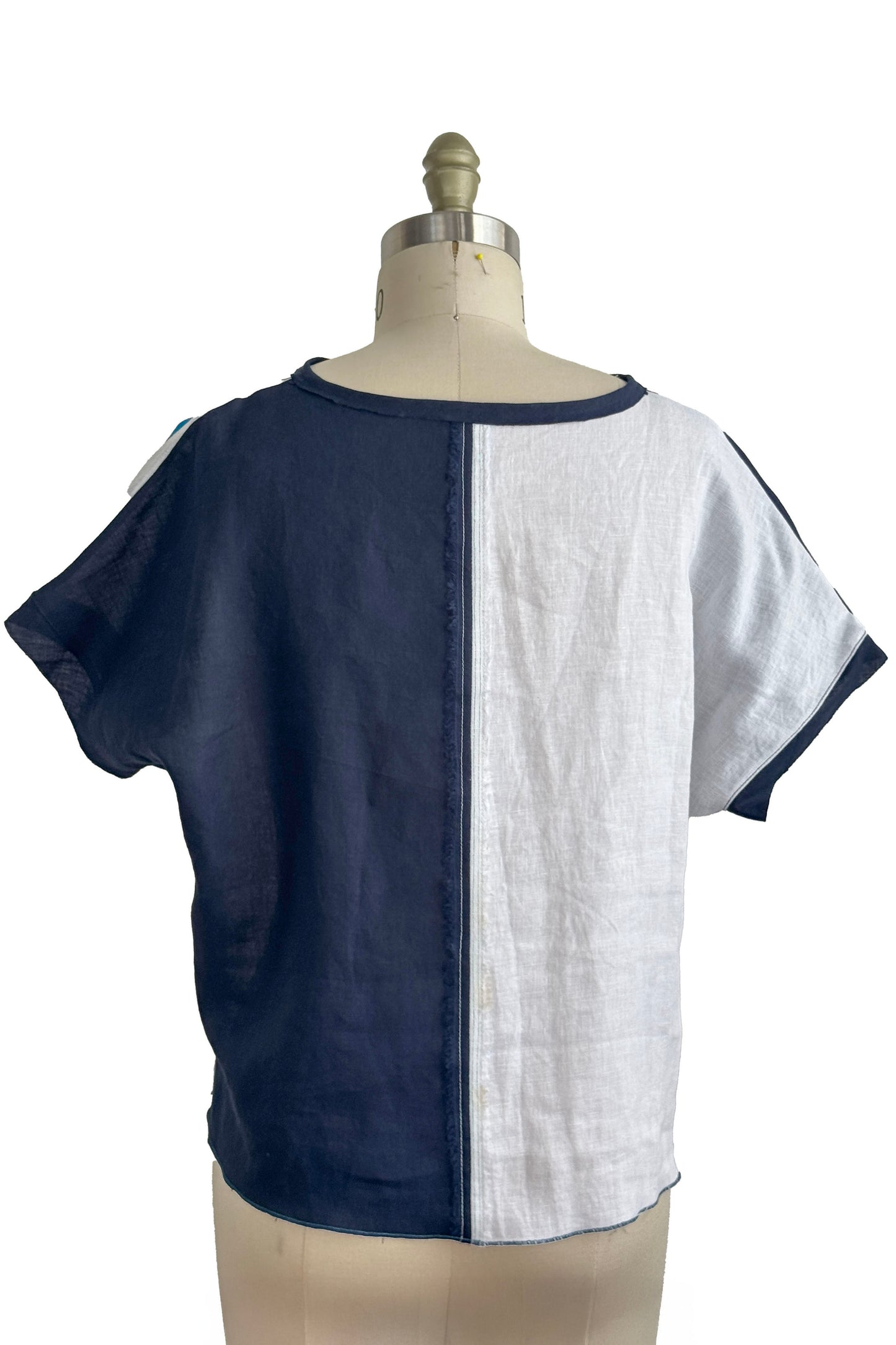 Jen Top | Linen | Tile & Bird Paper Cut Print | Black, White, Gold & Blue | Medium