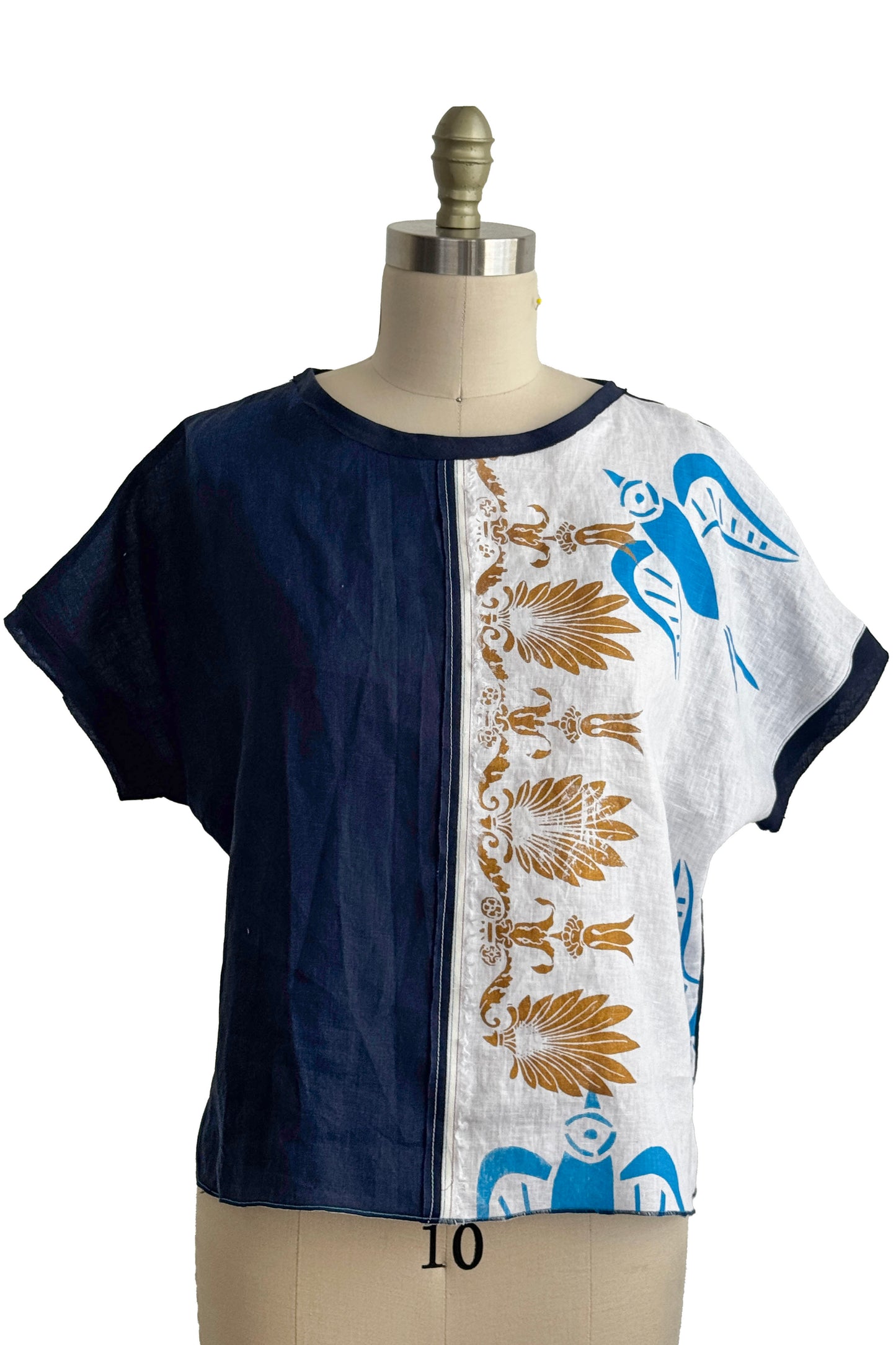 Jen Top | Linen | Tile & Bird Paper Cut Print | Black, White, Gold & Blue | Medium