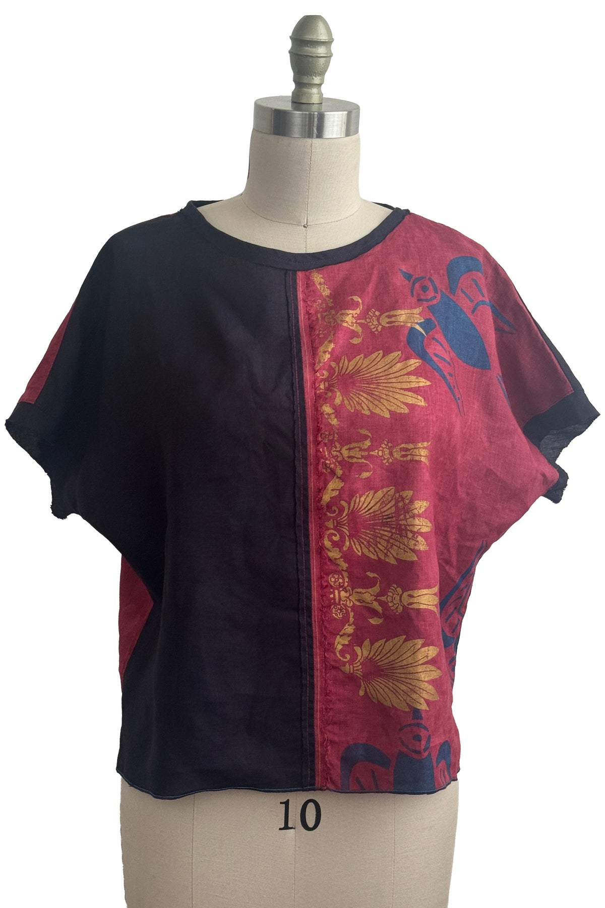 Jen Top | Linen | Tile & Bird Paper Cut Print | Black, White, Gold & Blue | Medium