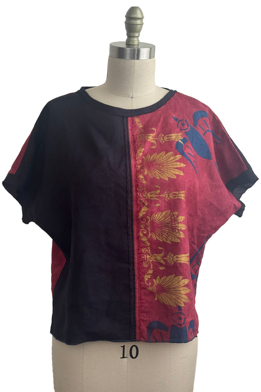 Jen Top | Linen | Tile & Bird Paper Cut Print | Black, White, Gold & Blue | Medium