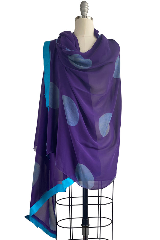 Shawl in Silk Chiffon w/ Moon Print - Purple, Natural & Turquoise