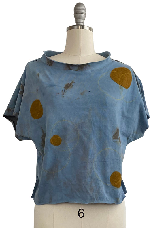 Jen Crop Top w/ Felted & Stitched Circles - Blue & Ochre - Small