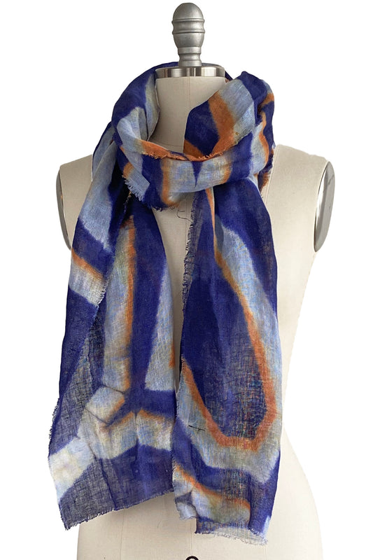 Open Weave Linen Scarf w/ Shibori Itajime Dye  - Blue, Sky & Citrus