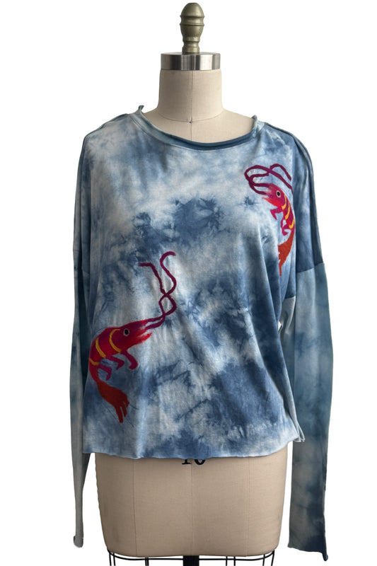 Jen Top Long Sleeve | Organic Cotton Jersey | Needle Felted Crawfish | White, Blue & Orange| Medium