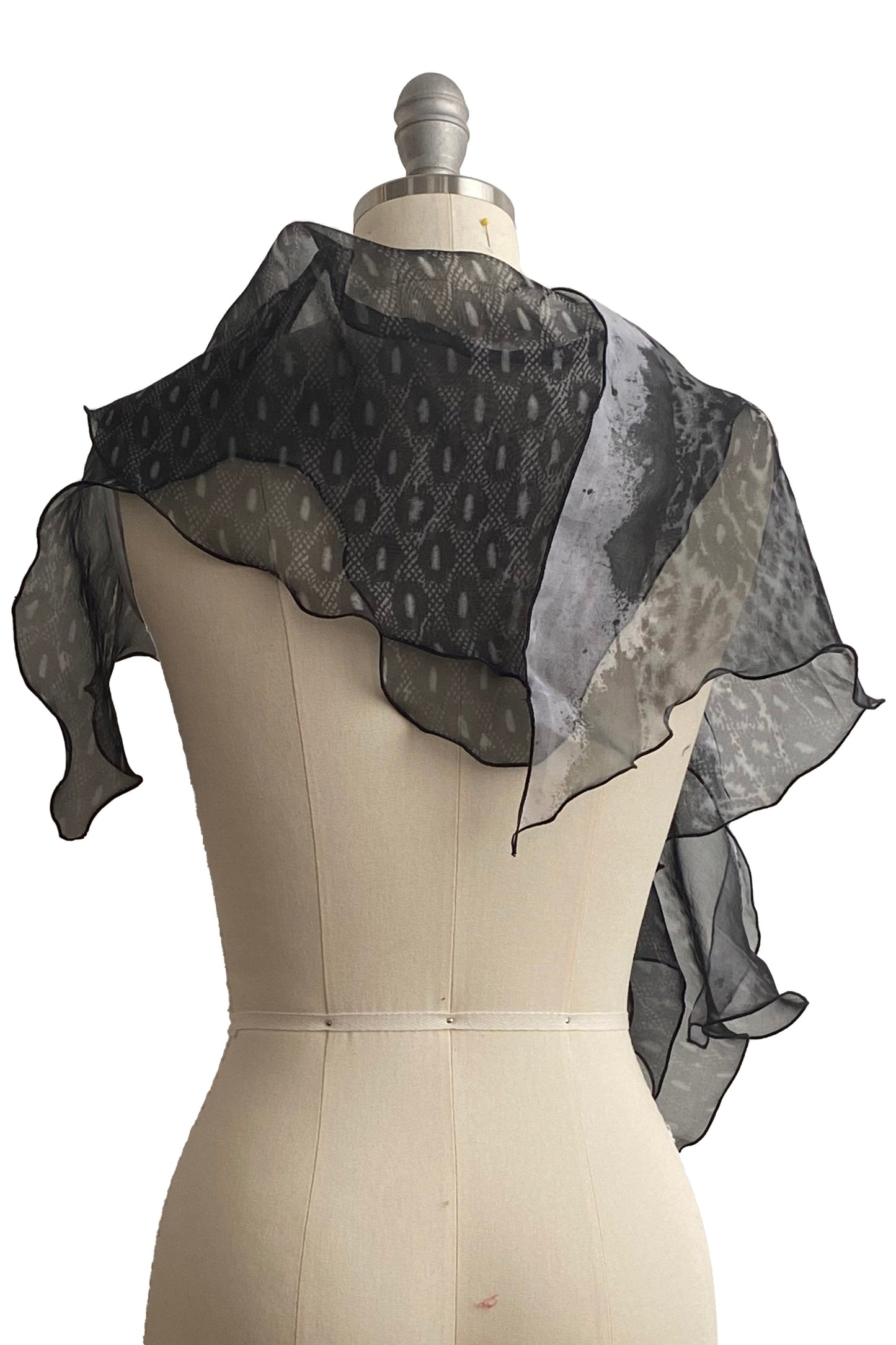 Organza Krazy Scarf w/ Lace Print - Black & Grey