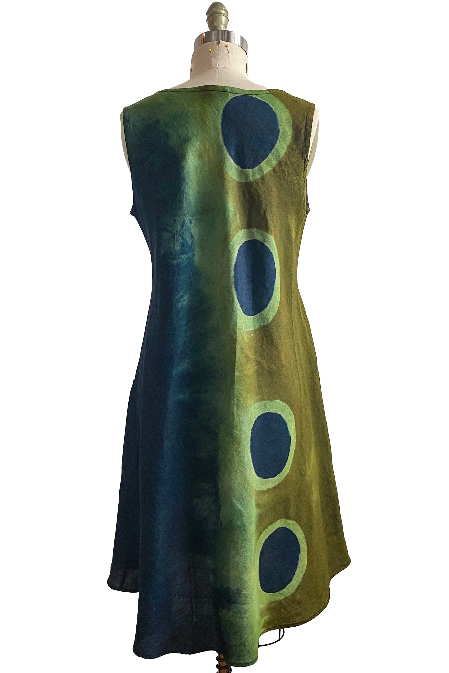 Emilia Dress in Linen w/ Shibori Circle Dye - Navy & Olive - Medium