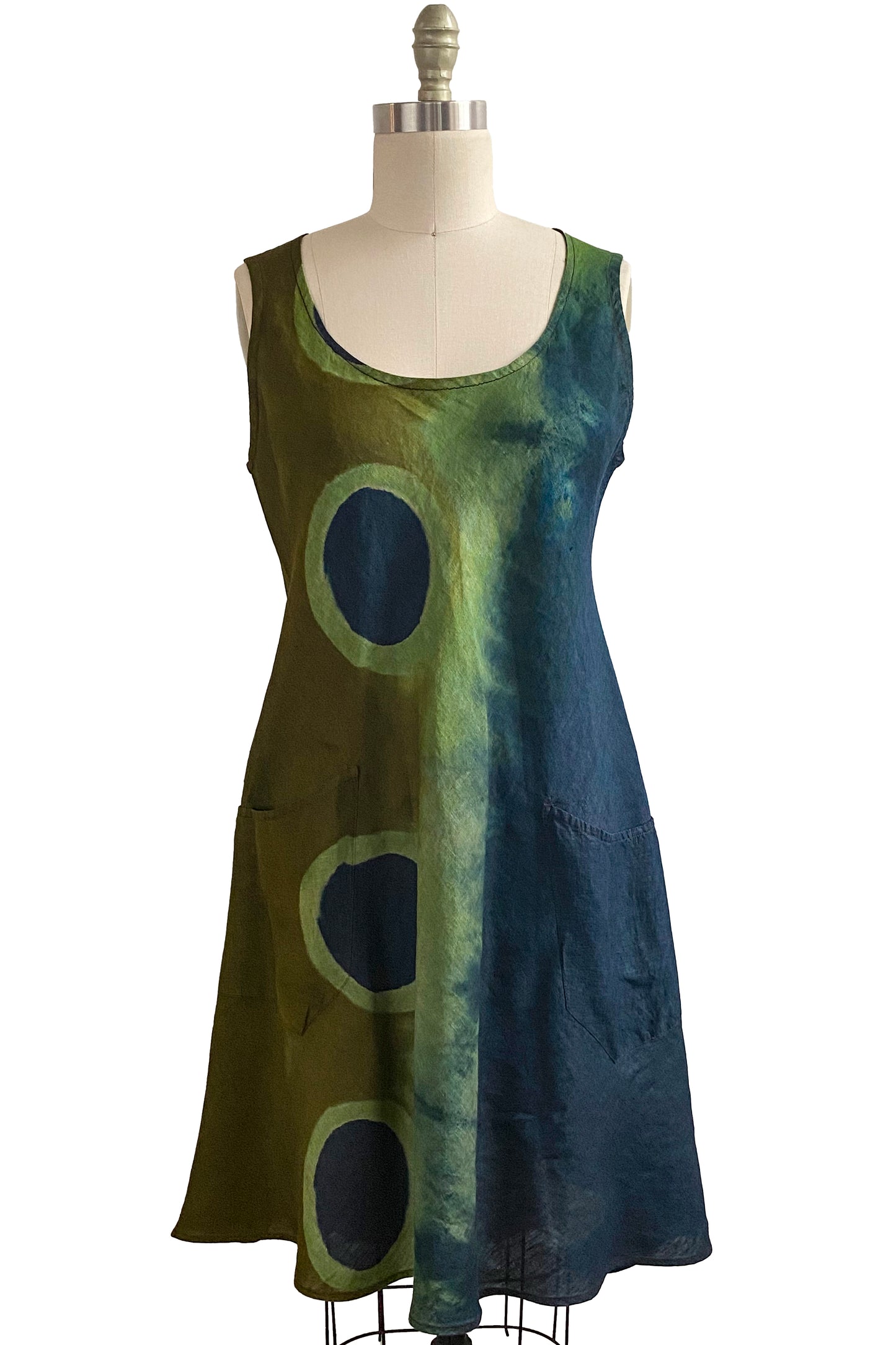 Emilia Dress in Linen w/ Shibori Circle Dye - Navy & Olive - Medium