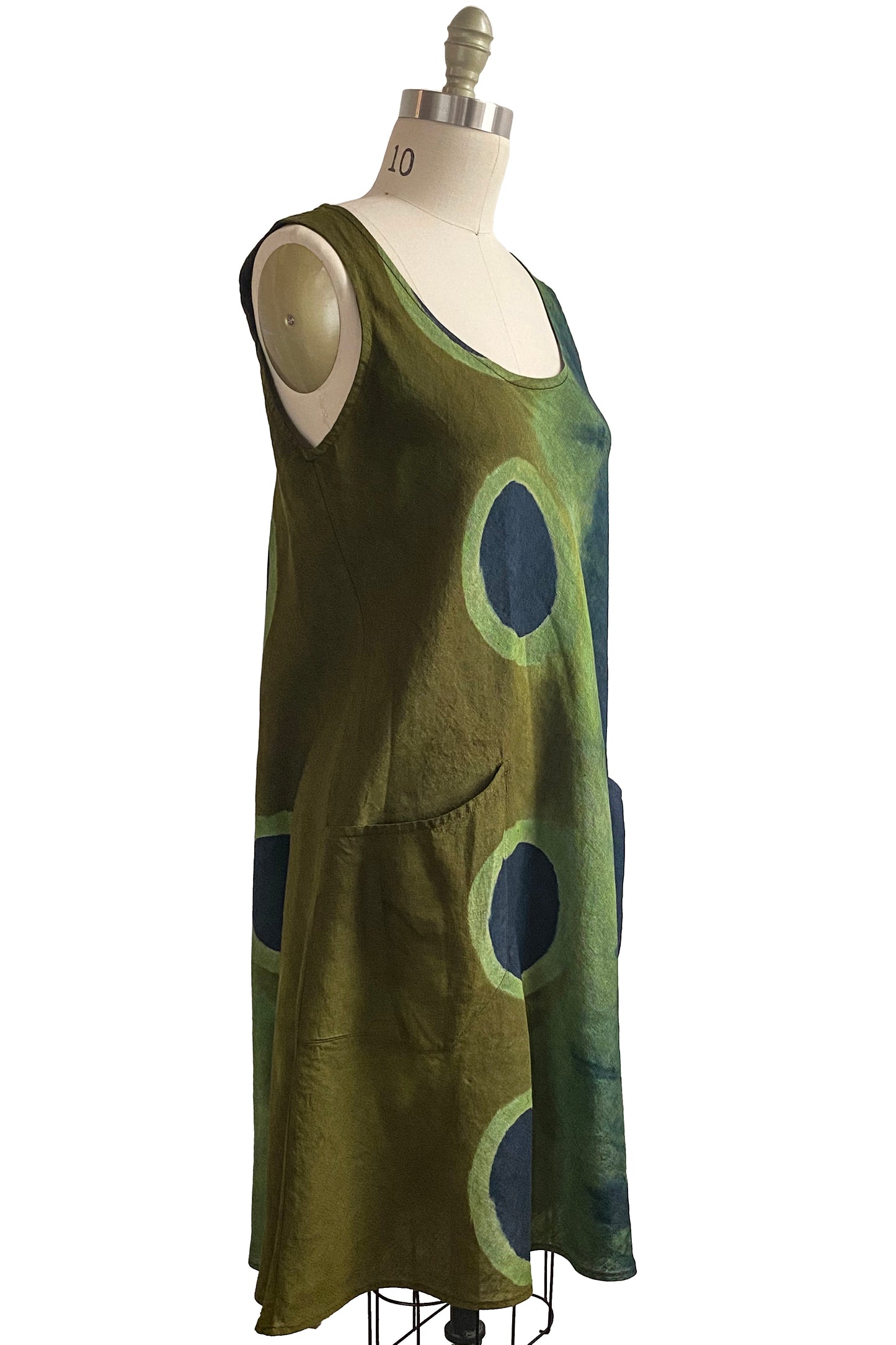 Emilia Dress in Linen w/ Shibori Circle Dye - Navy & Olive - Medium