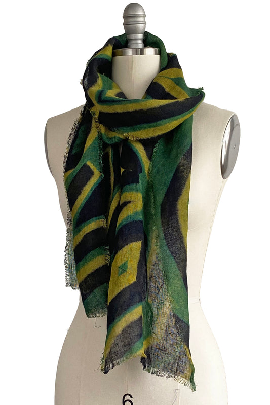 Open Weave Linen Scarf w/ Shibori Itajime Dye  - Green, Black & Yellow