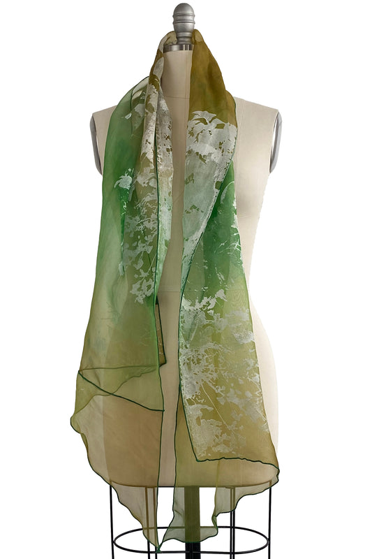 Organza Scarf w/ Bramble Print Ombre Dye - Green & Olive