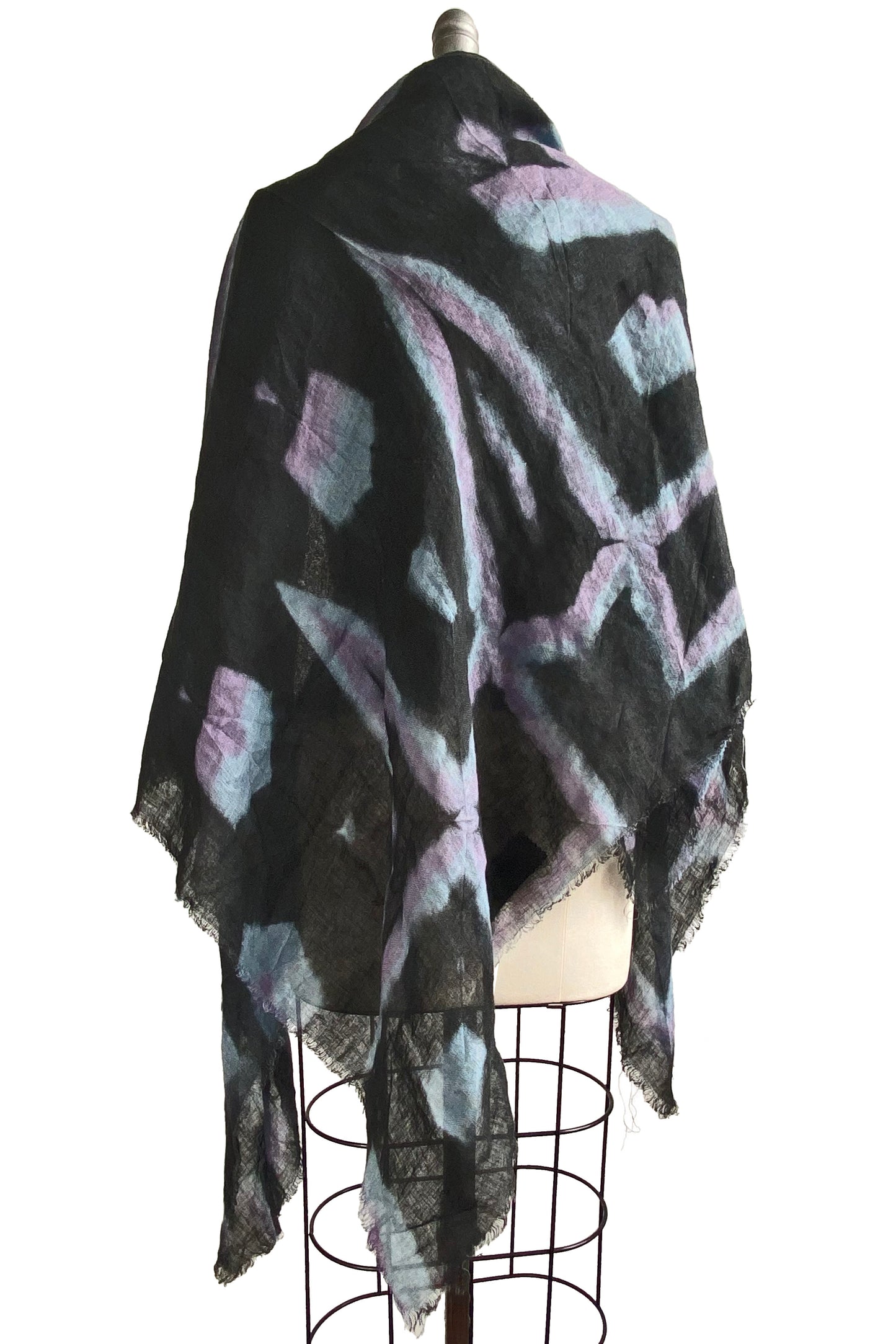 Open Weave Linen Shawl Wrap w/ Itajime  - Light Blue, Black & Lavender