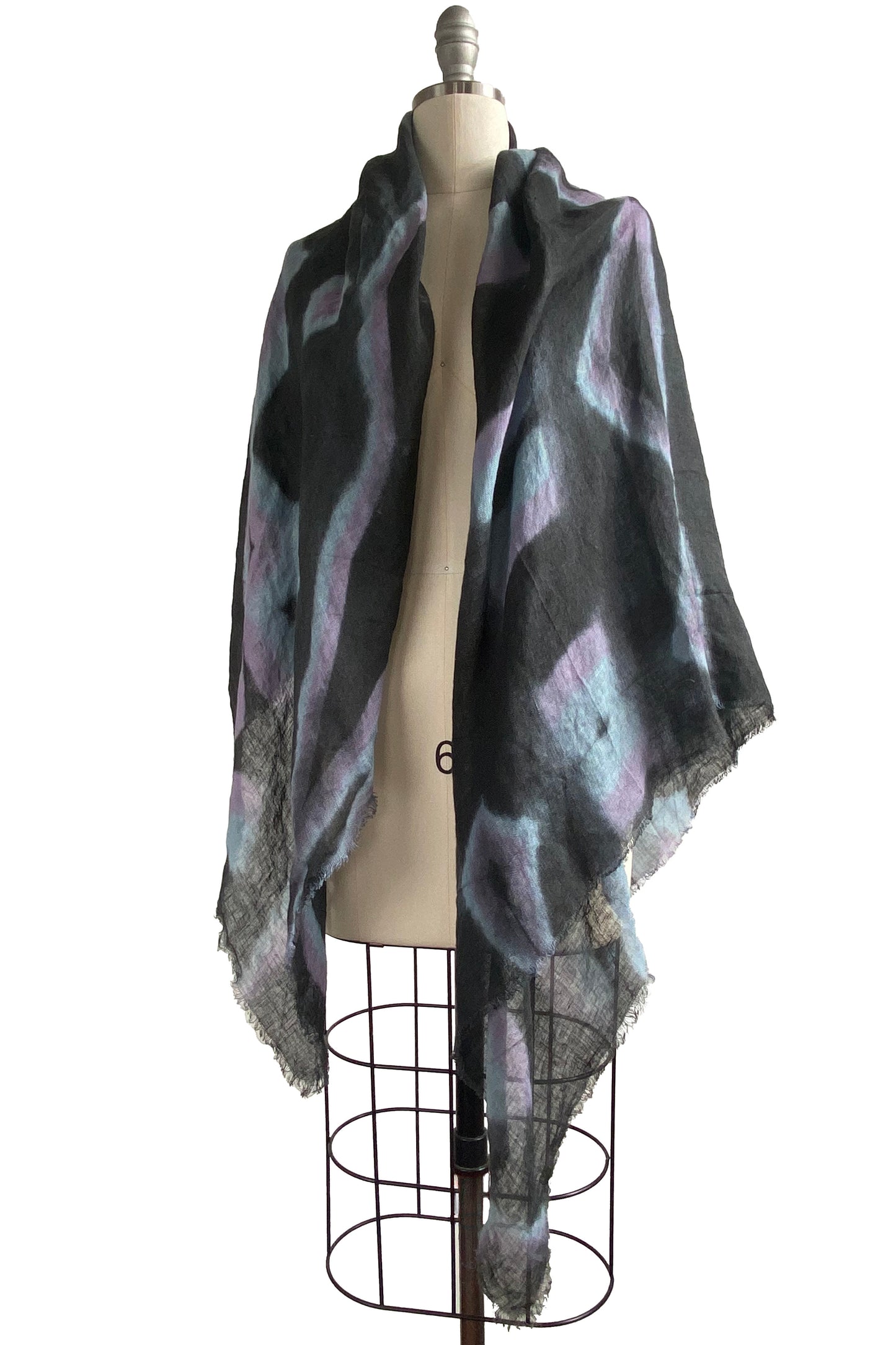 Open Weave Linen Shawl Wrap w/ Itajime  - Light Blue, Black & Lavender