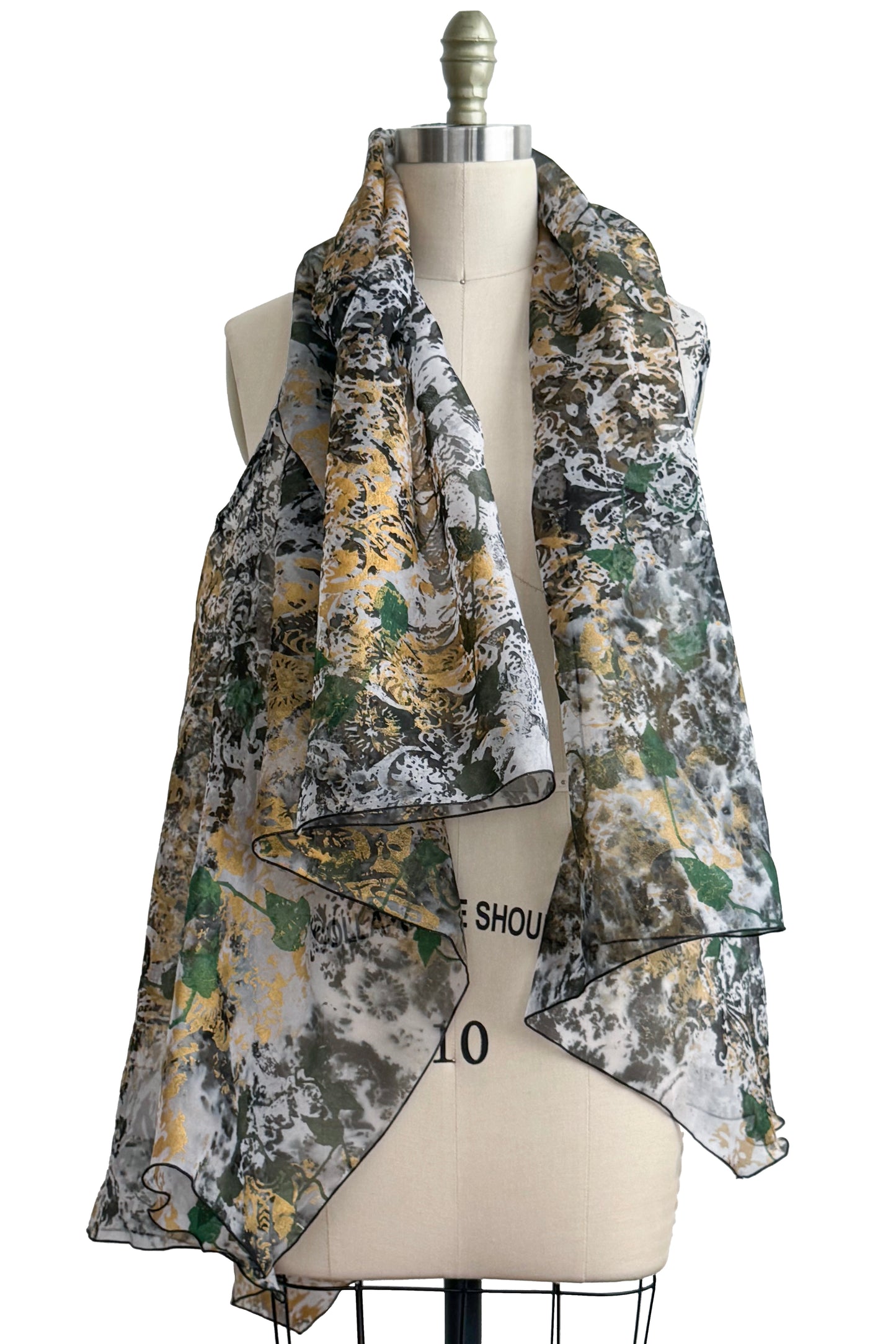 Asymmetrical Wrap Vest Organza w/ Wallpaper & Vine Print - White, Black, Green & Gold