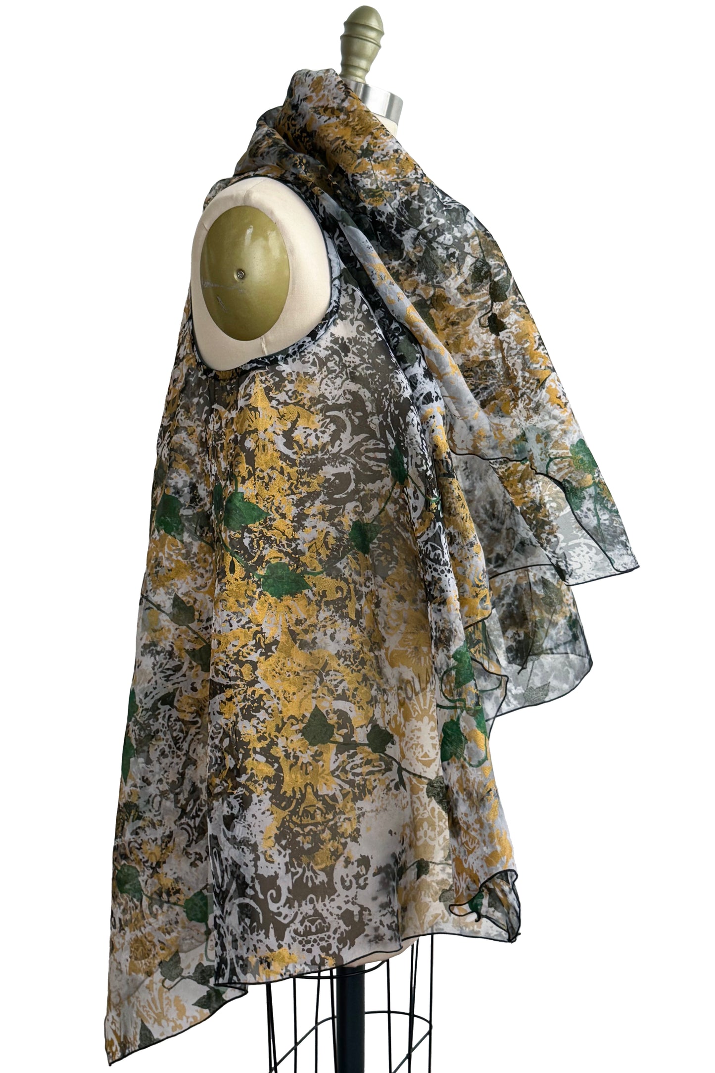 Asymmetrical Wrap Vest Organza w/ Wallpaper & Vine Print - White, Black, Green & Gold