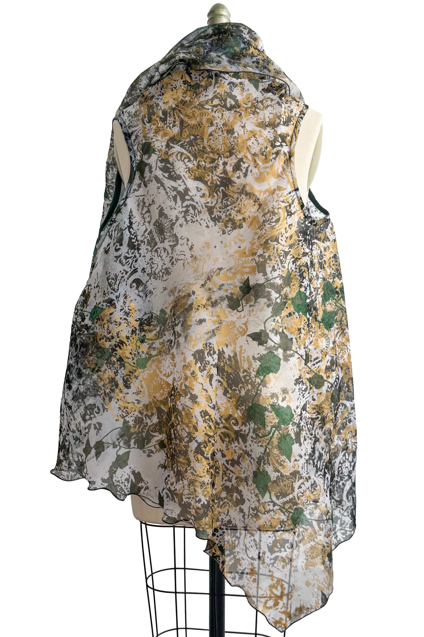 Asymmetrical Wrap Vest Organza w/ Wallpaper & Vine Print - White, Black, Green & Gold