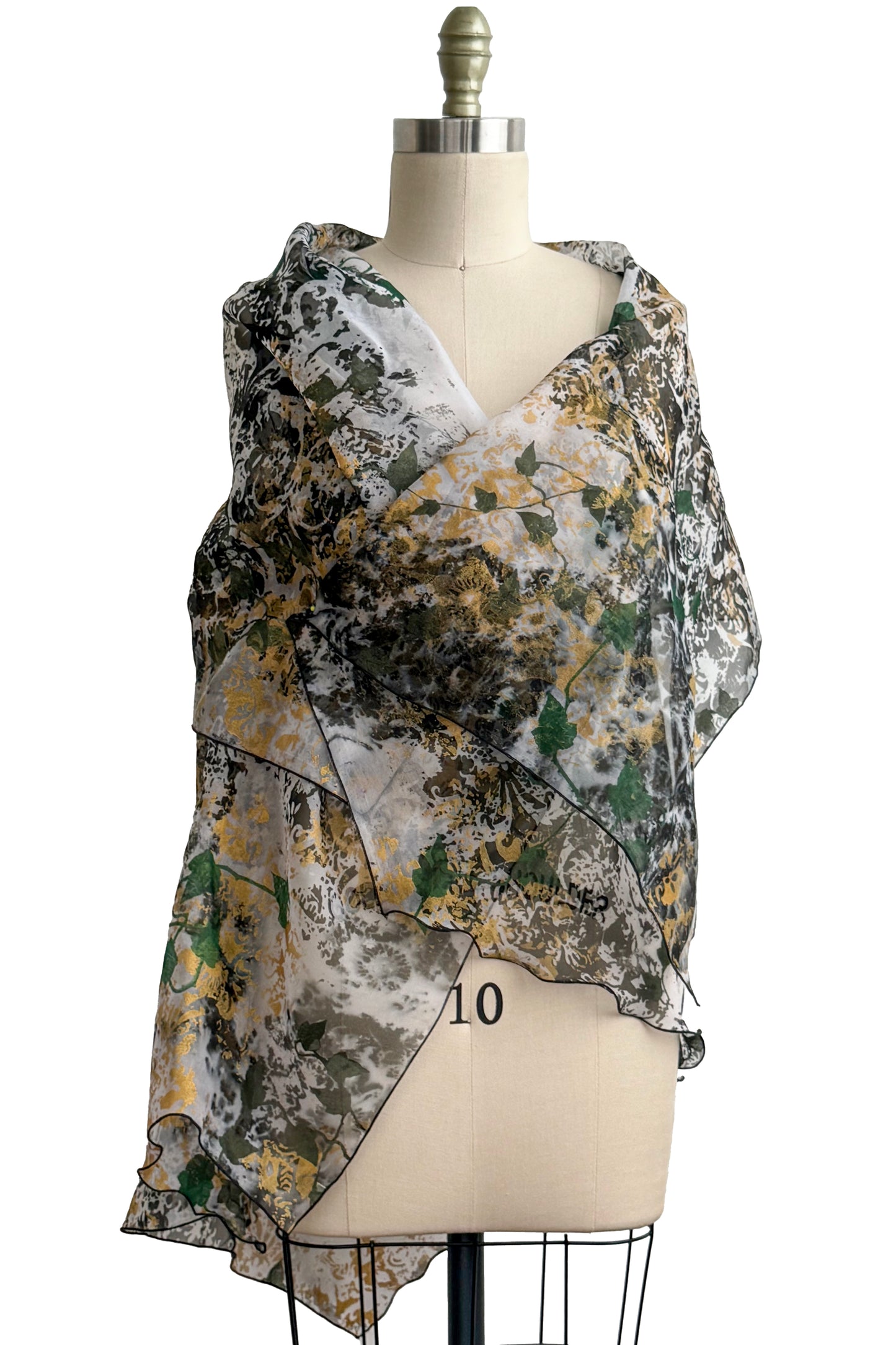 Asymmetrical Wrap Vest Organza w/ Wallpaper & Vine Print - White, Black, Green & Gold