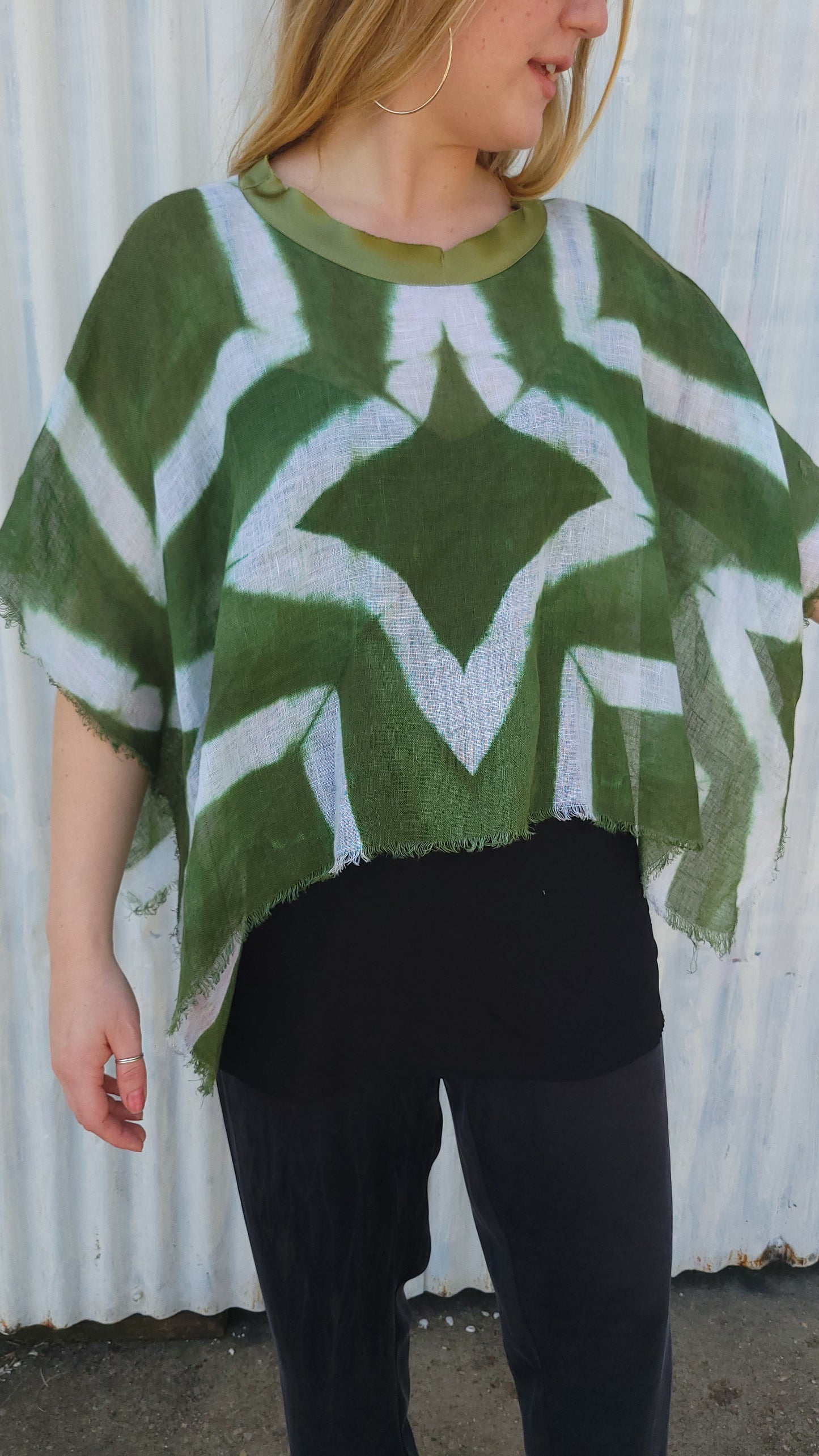 Open Weave Linen Poncho w/ Shibori Itajime Dye - Orange & Brown