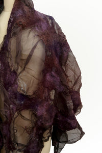 Felted Shawl - Silk Organza - Aubergine w/ Branch Print