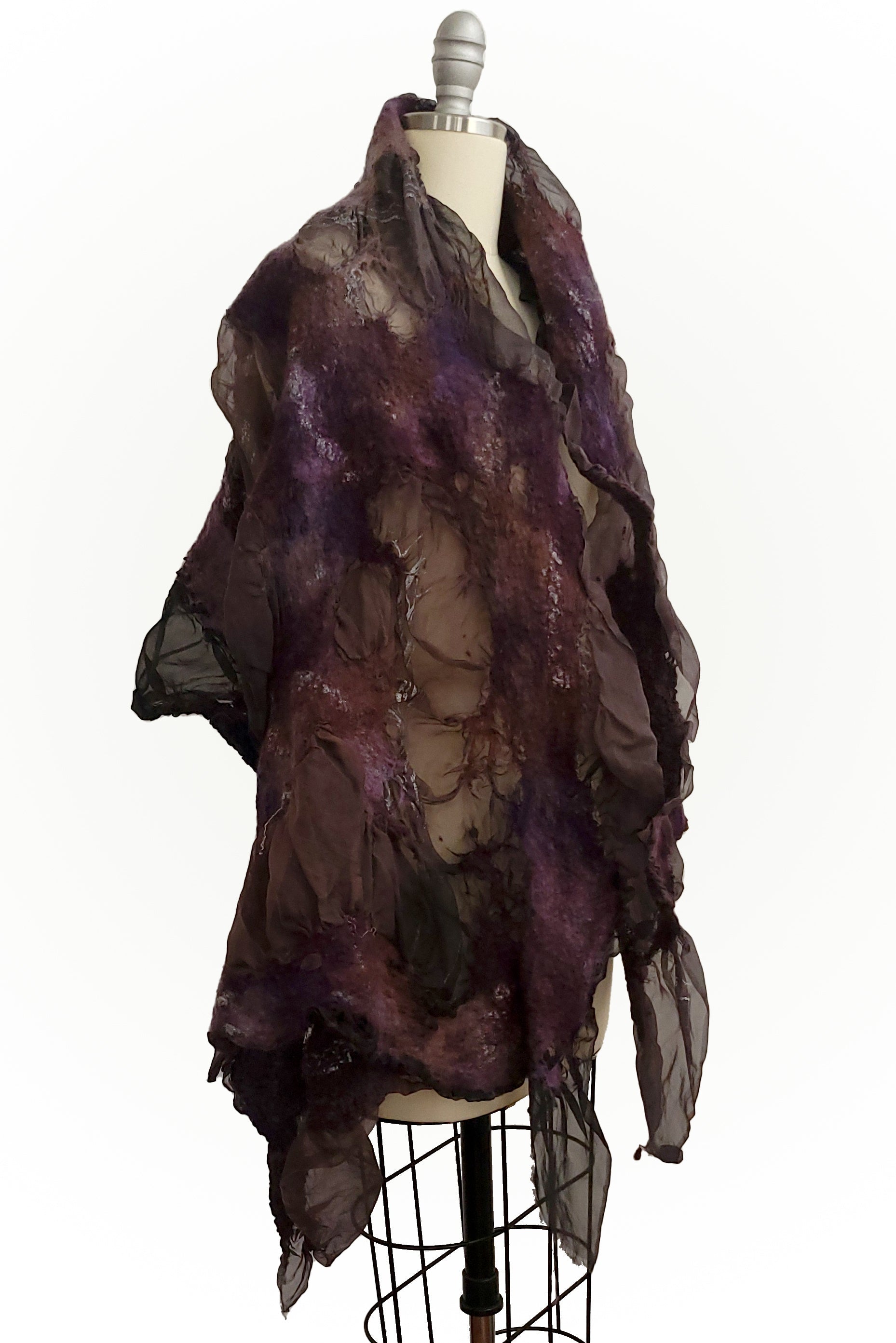 Felted Shawl - Silk Organza - Aubergine w/ Branch Print