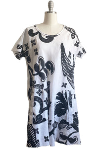 Athena Dress w/ Round Pockets & Wallpaper Print - White & Black