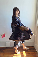 Load image into Gallery viewer, Lucianne Kimono in Silk Charmeuse w/ Cotton Print - Black &amp; Brown - One Size
