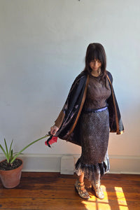 Lucianne Kimono in Silk Charmeuse w/ Cotton Print - Black & Brown - One Size