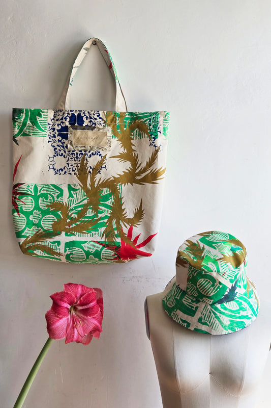 Hand Dyed & Printed Canvas Tote - Papercut Print - Natural & Multi