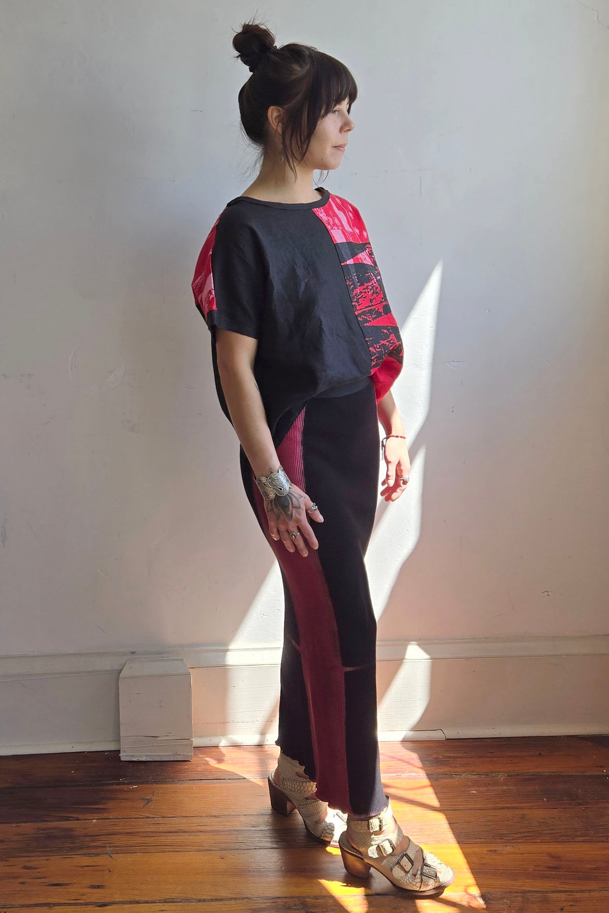 Waffle Stretch Tube Skirt | Organic Cotton | Itajime Dye | Red & Black | Small