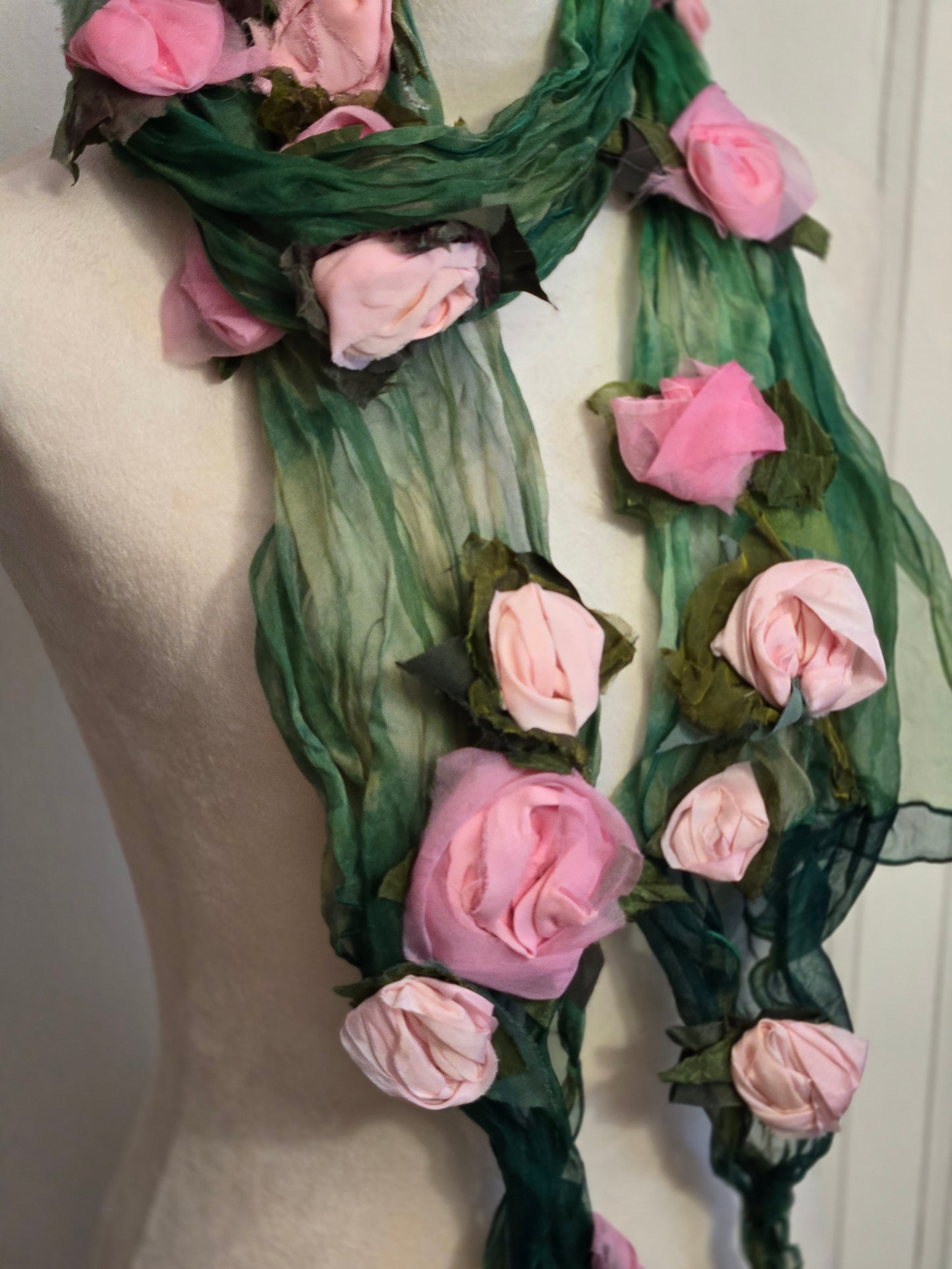 Flower Scarf w/ Ghost Print - Green & Pink