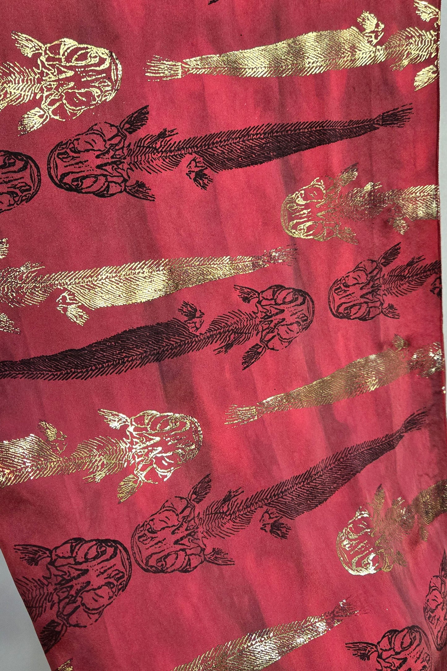 Charmeuse Scarf w/ Foil Fishbone Print - Red, Gold & Black