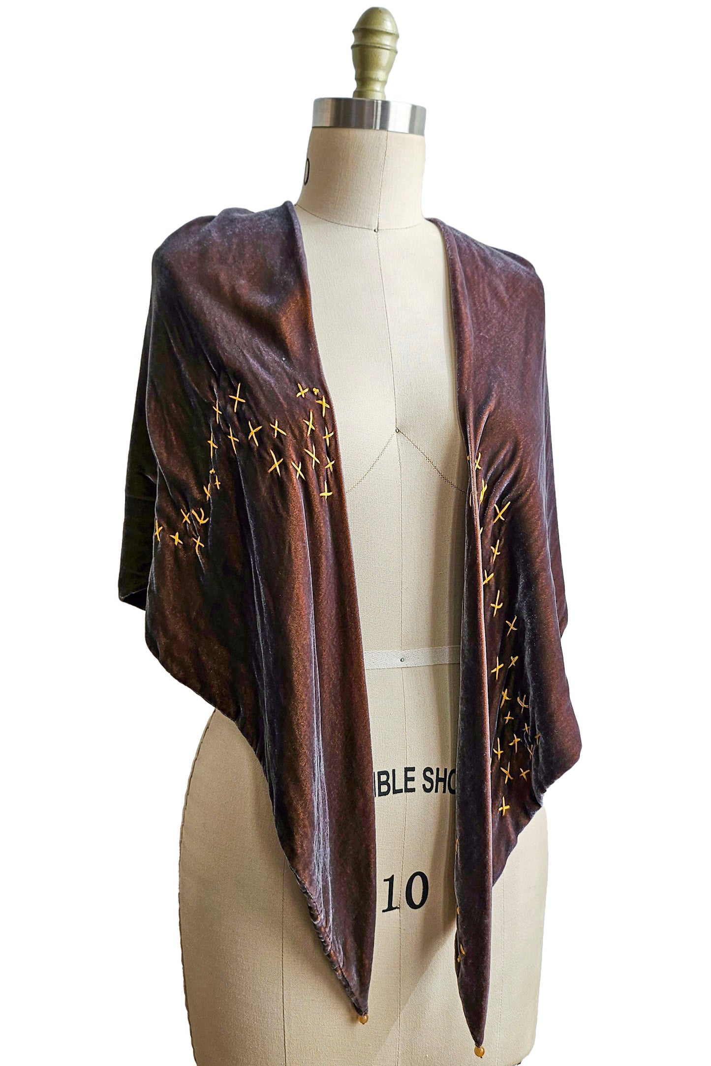 Triangle Shawl in Silk Velvet w/ Embroidery - Iridescent Grey