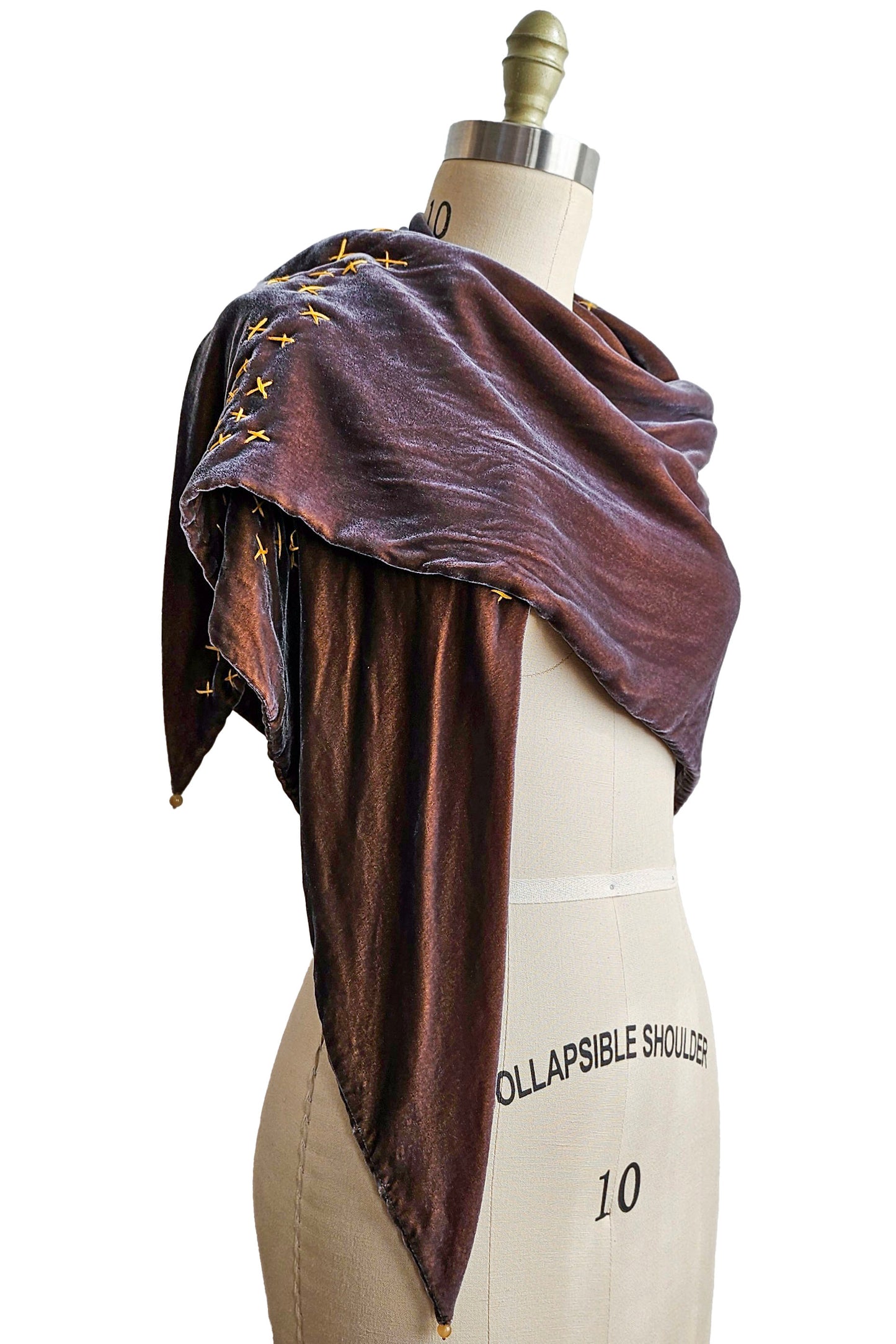 Triangle Shawl in Silk Velvet w/ Embroidery - Iridescent Grey