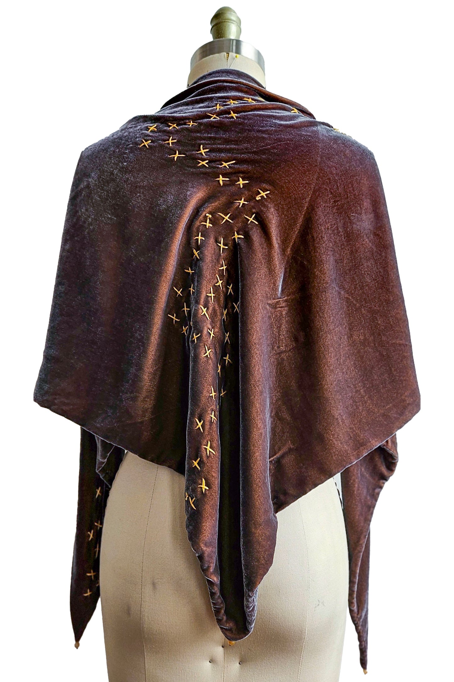 Triangle Shawl in Silk Velvet w/ Embroidery - Iridescent Grey