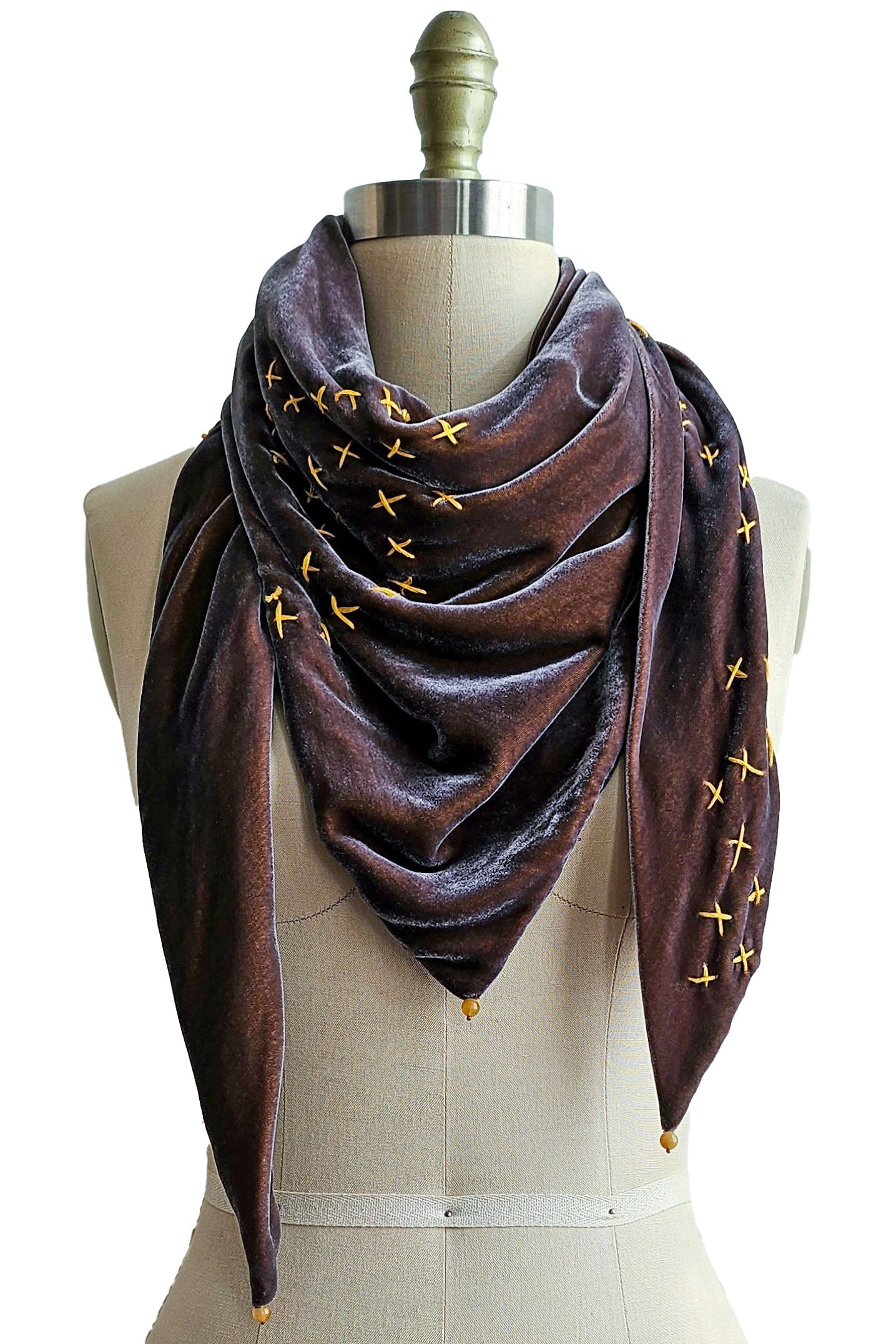 Triangle Shawl in Silk Velvet w/ Embroidery - Iridescent Grey