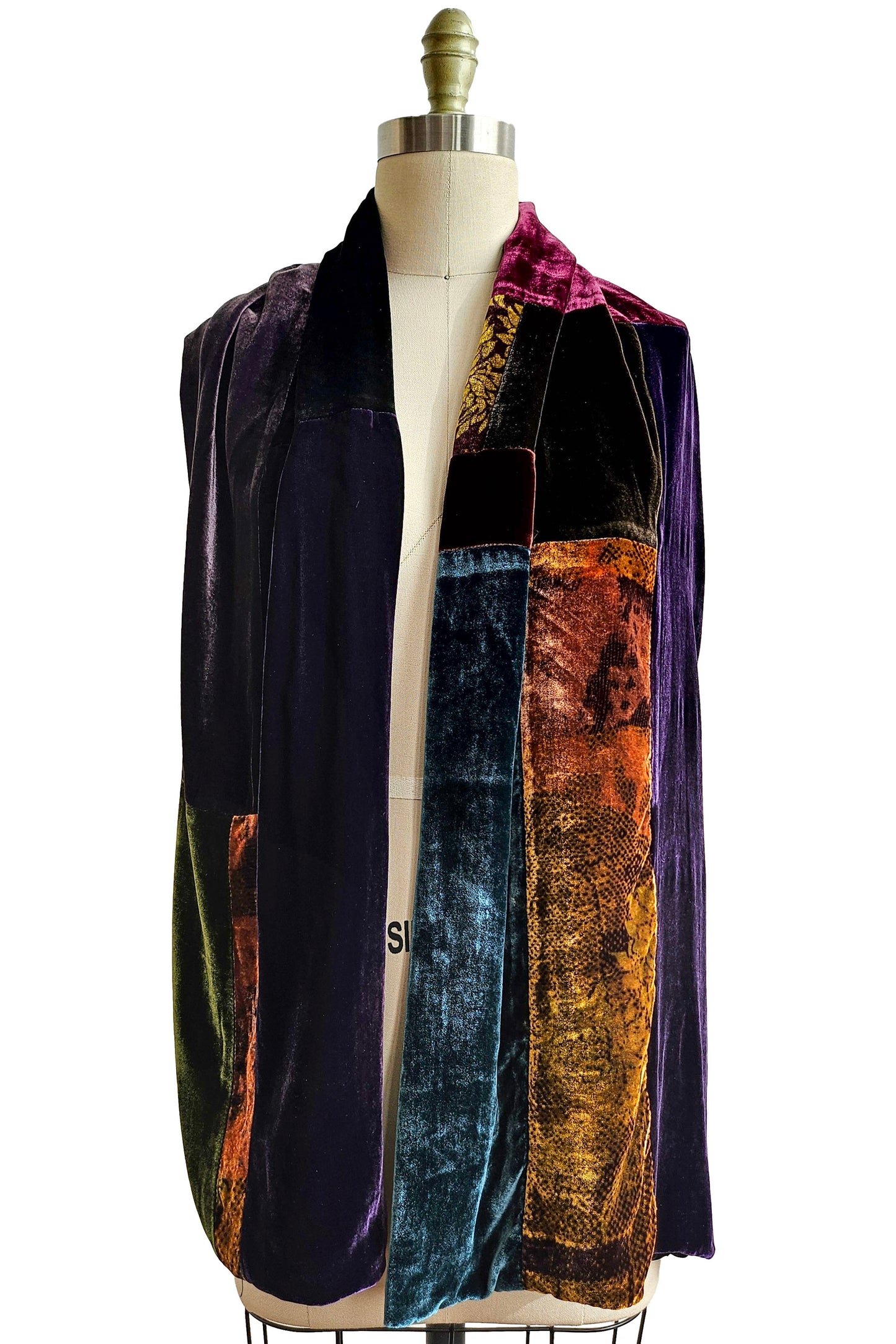 Shawl in Silk Velvet Patchwork - Eggplant, Aqua, Gold