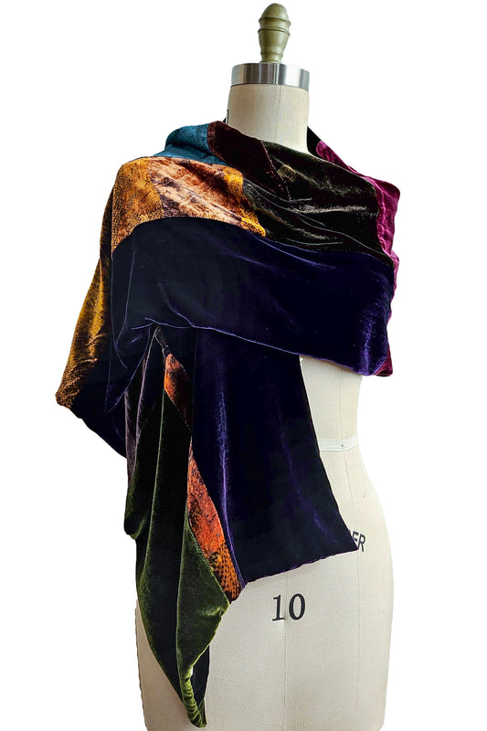 Shawl in Silk Velvet Patchwork - Eggplant, Aqua, Gold