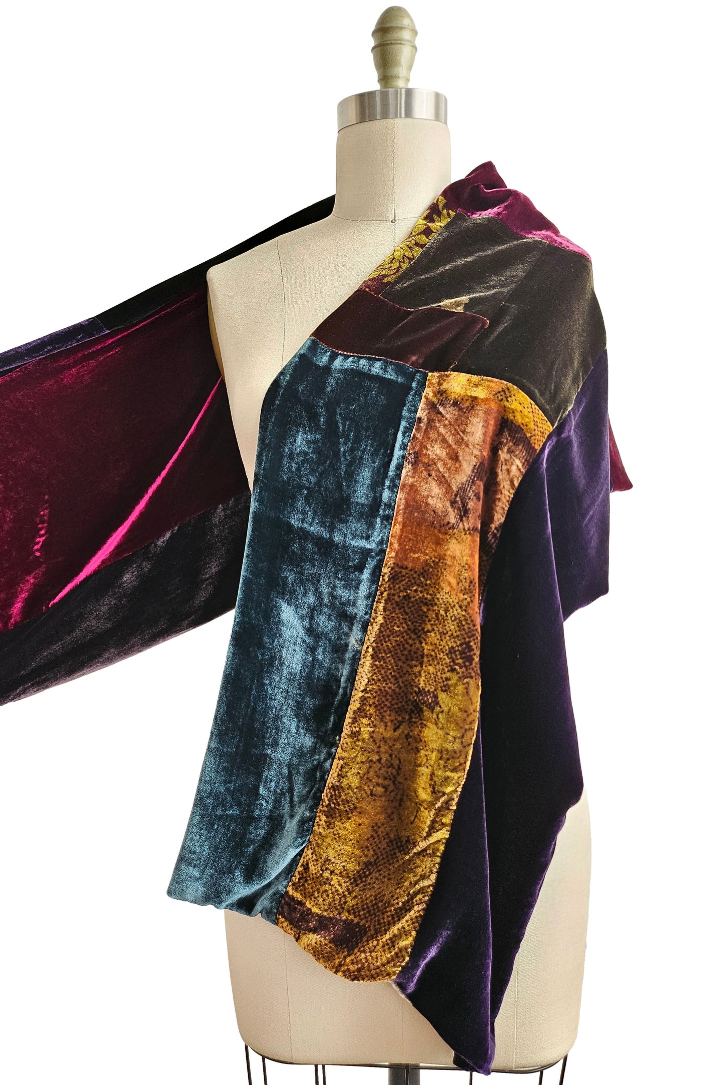 Shawl in Silk Velvet Patchwork - Eggplant, Aqua, Gold