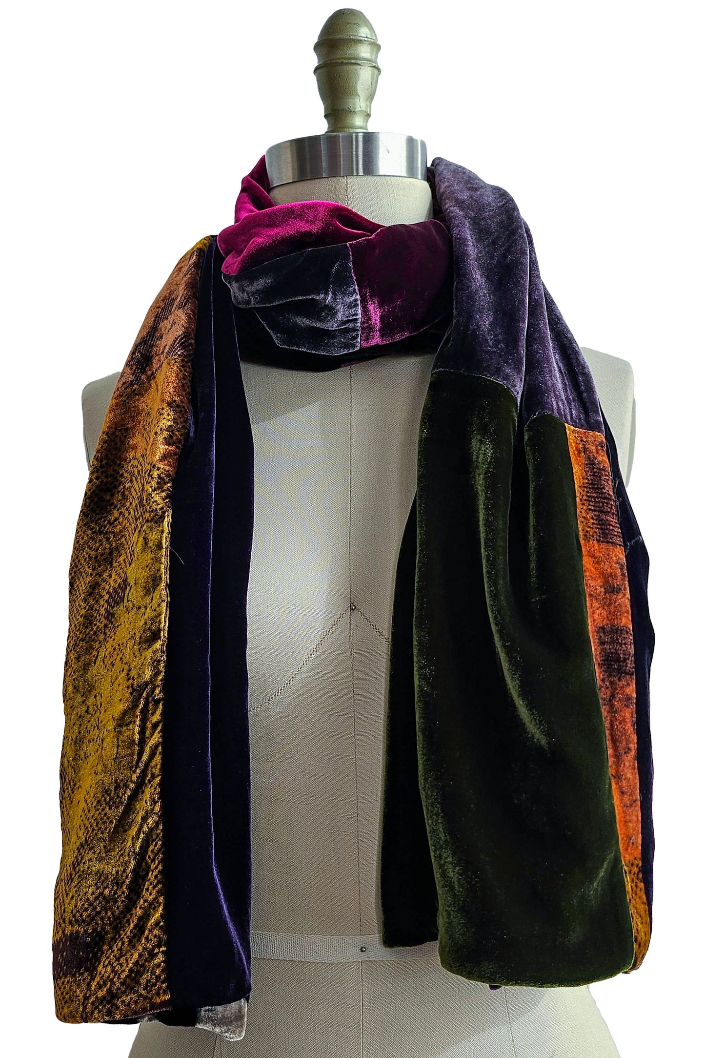 Shawl in Silk Velvet Patchwork - Eggplant, Aqua, Gold