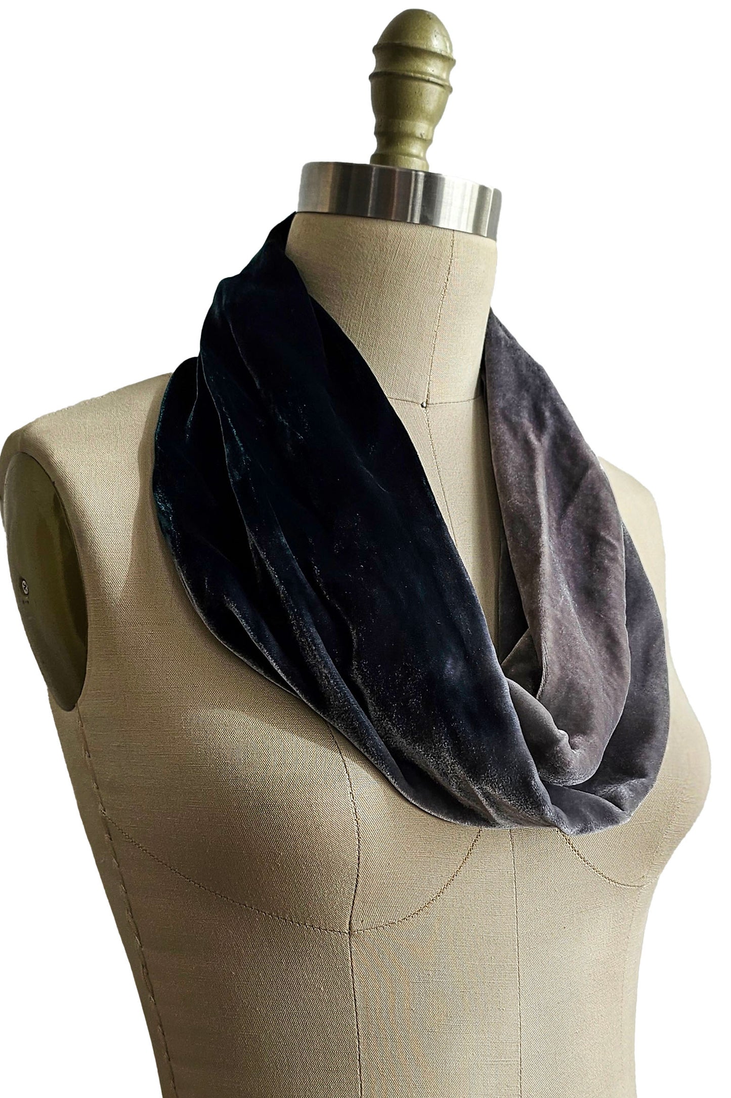 Mobius Slouch Cowl in Velvet w/ Ombre Dye - Dark Teal & Grey